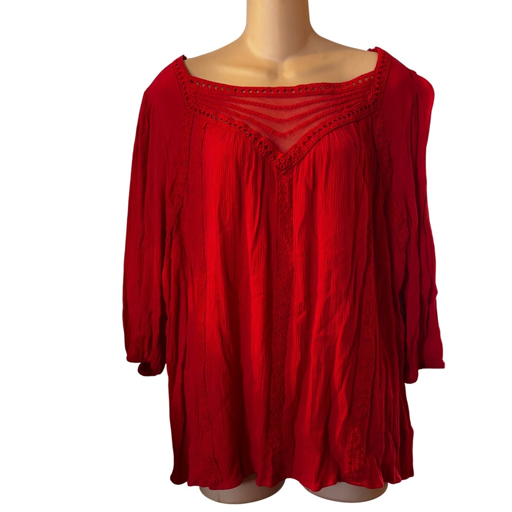 Torrid‎ Women's Top Sz 00 Red Embroidered Crochet Trim Shirt 100% Rayon 10/12